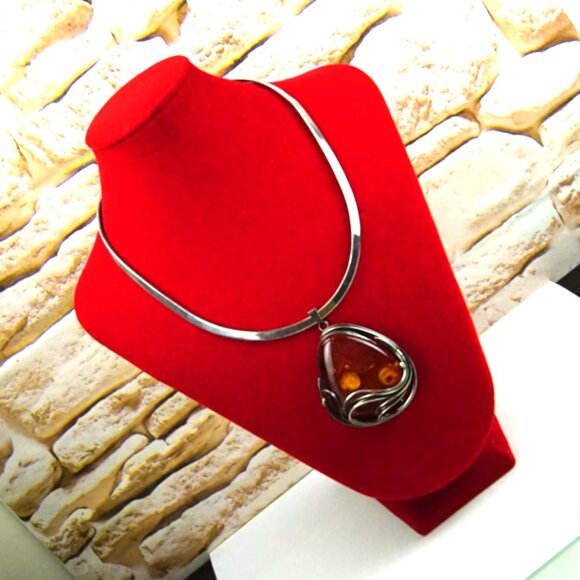 Giant Amber and 925 Sterling Silver Pendant Brooch Combo With Wide Omega Wire - Picture 4 of 13